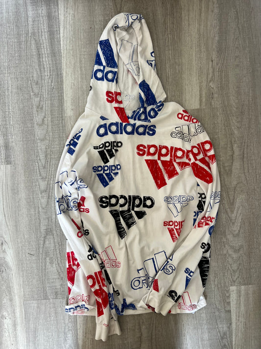 Adidas All Over Logo Print Long Sleeve Hooded Shirt Youth Boy’s Size XL White