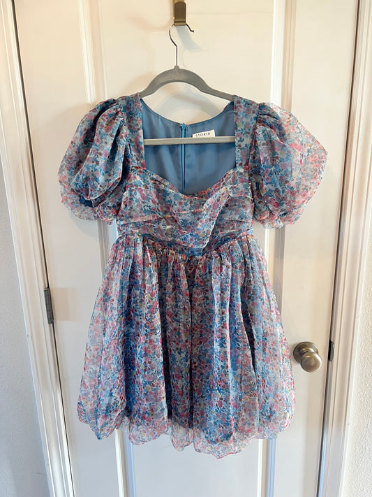 Storia Ditzy Floral Puff Sleeve Dress Women’s Size Small 4-6 Blue