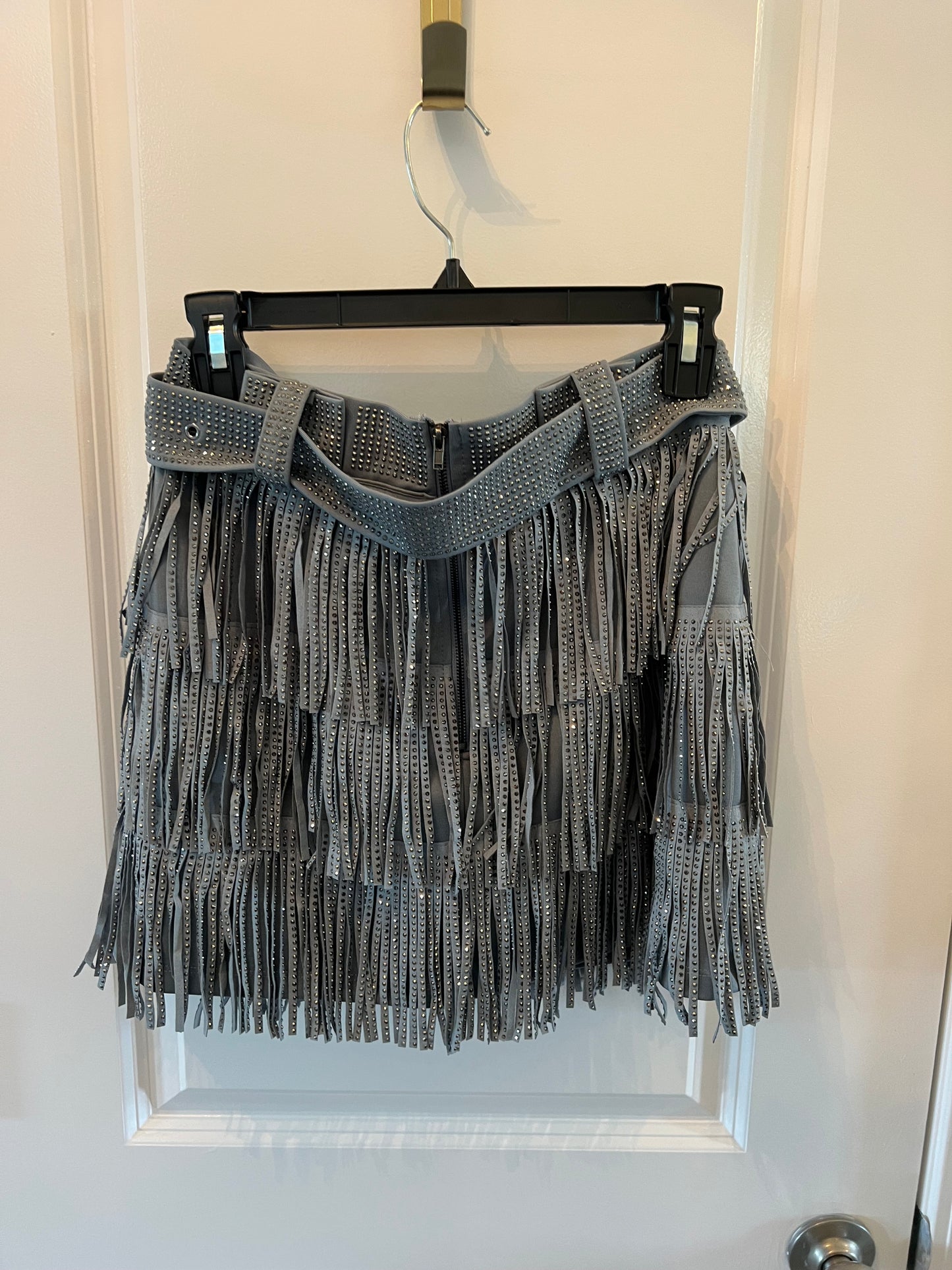 Nylon Apparel Belted Metallic Fringe Faux Suede Mini Skirt Women’s Medium NWT