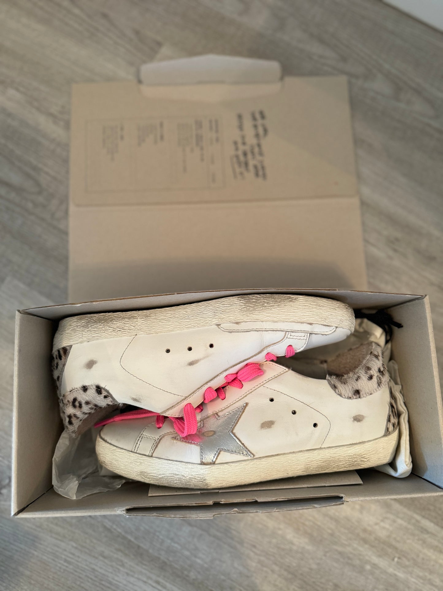 Golden Goose Super Star Classic with Spur Leopard Horsy Heel Women’s Size 36 (Size 6) White Silver Pink