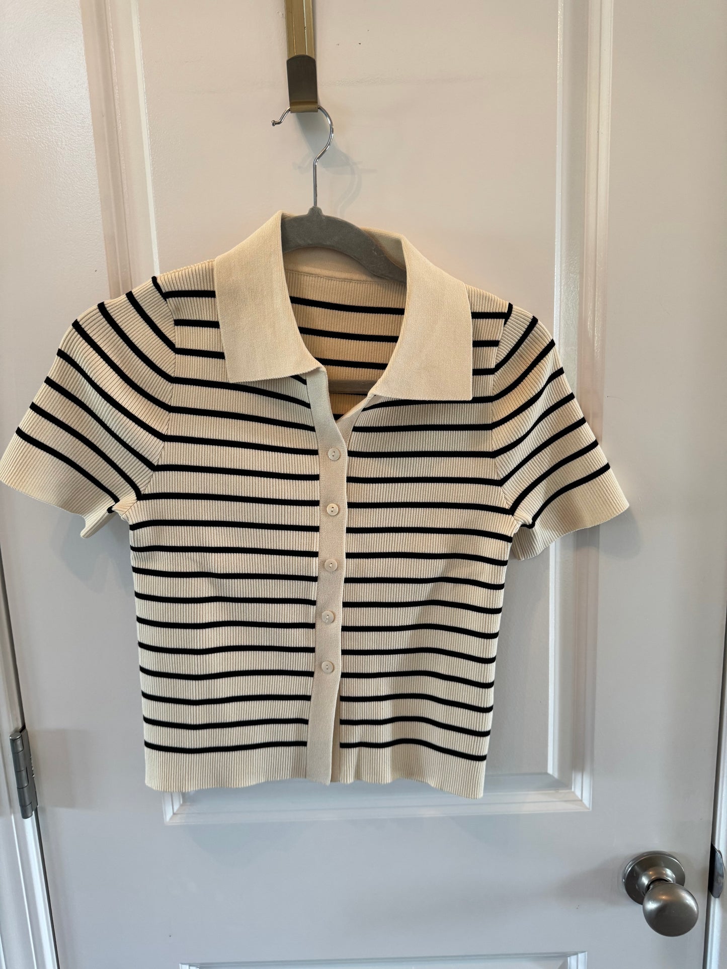 Commense Striped Polo Knit Cardigan Women’s Medium White Black