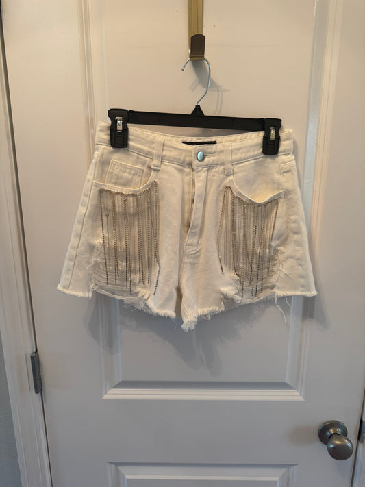 Rhinestone Fringe Denim Shorts Women’s Small White