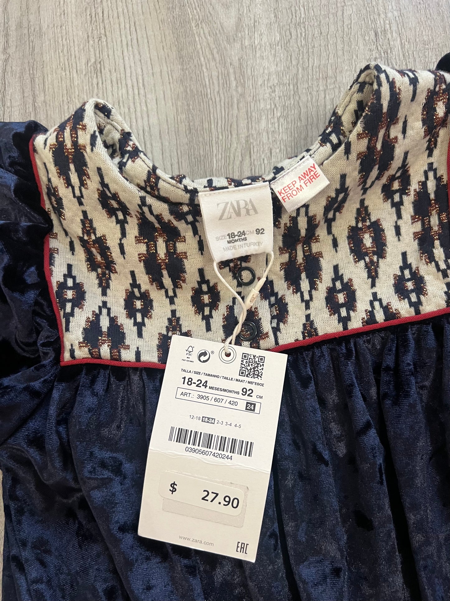 Zara Velvet Dress Toddler Gurl Size 2-3 Years Navy