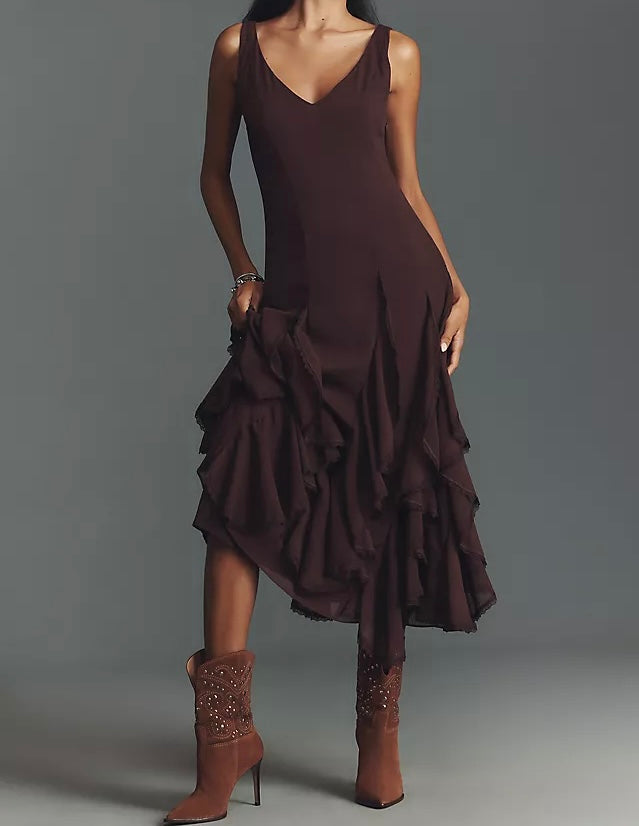 Anthropologie Philomene Ruffled Midi Dress Women’s XS Dark Plum