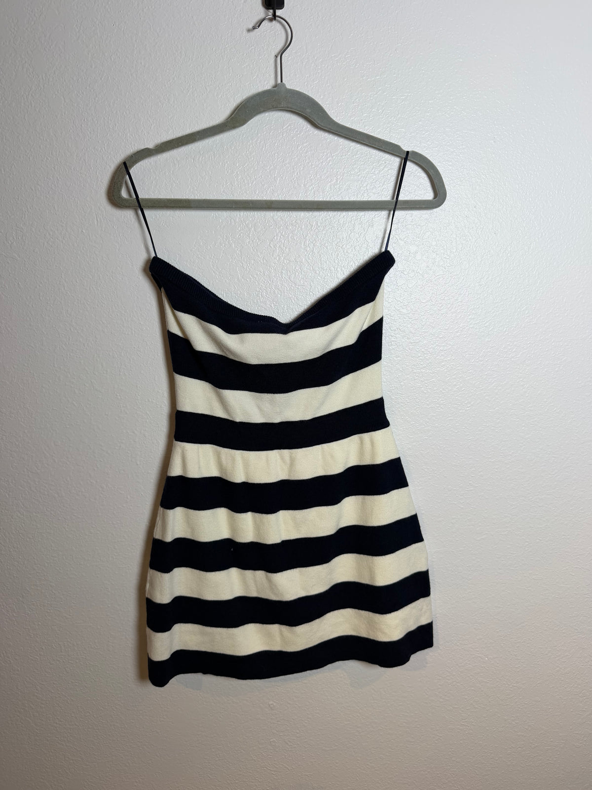 Le Lis Navy Blue Striped Strapless Dress