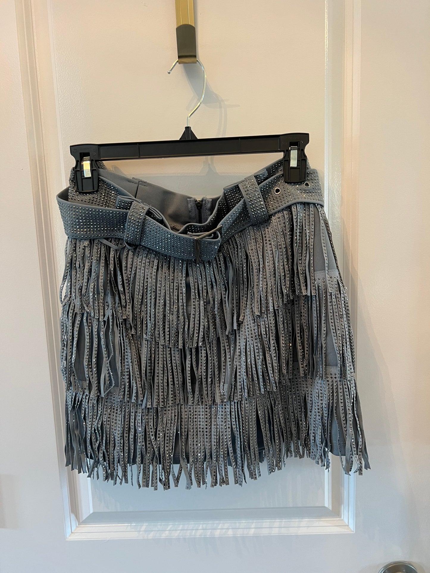 Nylon Apparel Belted Metallic Fringe Faux Suede Mini Skirt Women’s Medium NWT