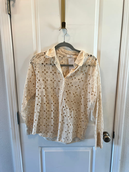 Boheme Eyelet Button Front Long Sleeve Shirt Women’s Size Small 4-6 Cream