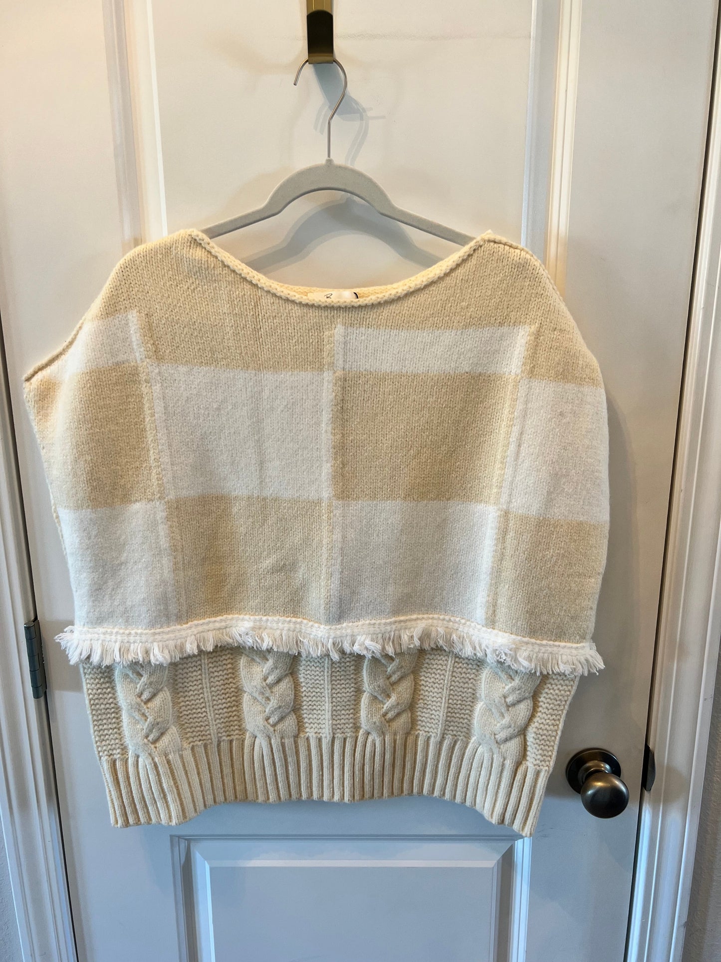 Boheme Checker Print Sweater w Fringe Women's Size Medium 8-10 Cream