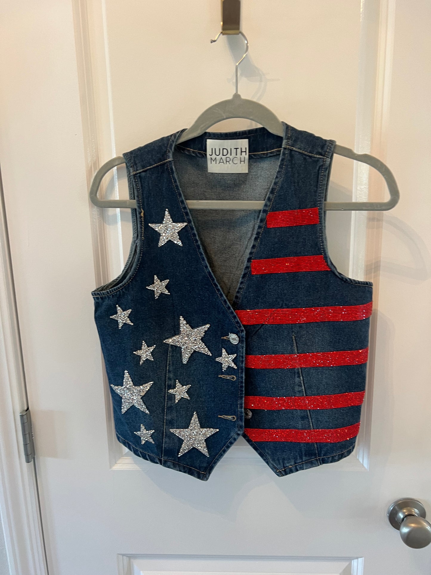 Judith March Sequin Americana Denim Vest Women’s Size Small