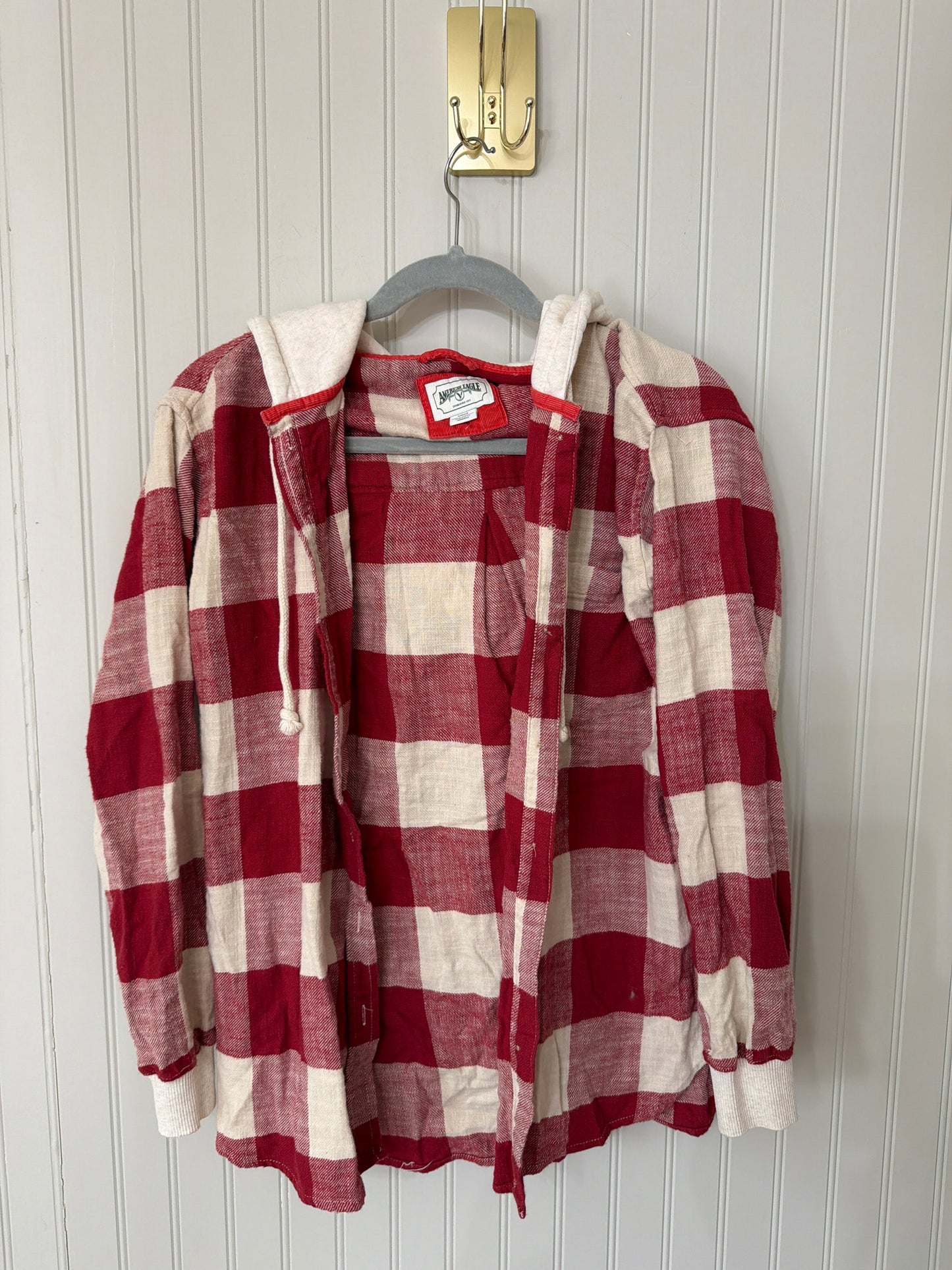 American Eagle Hooded Plaid Flannel Shirt Women’s Small Burgundy