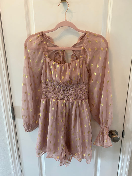 Endless Rose Metallic Spotted Romper w Statement Sleeves Women’s Size XS Tan