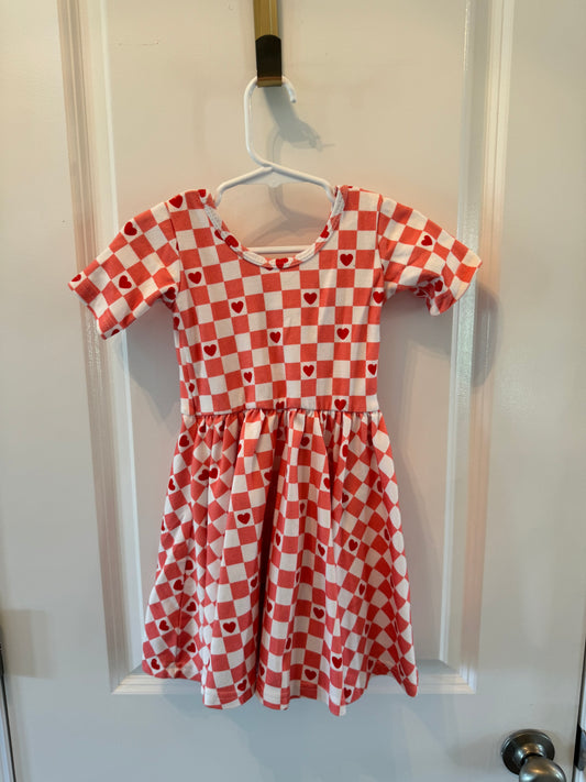 June + Grey Checker Print Heart Dress Girl Size 4 Peach