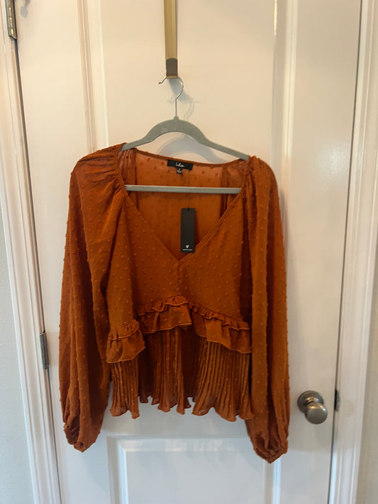 Lulu’s Thrills and Frills Swiss Dot Ruffled Long Sleeve Top Women’s Size Small Rust Orange