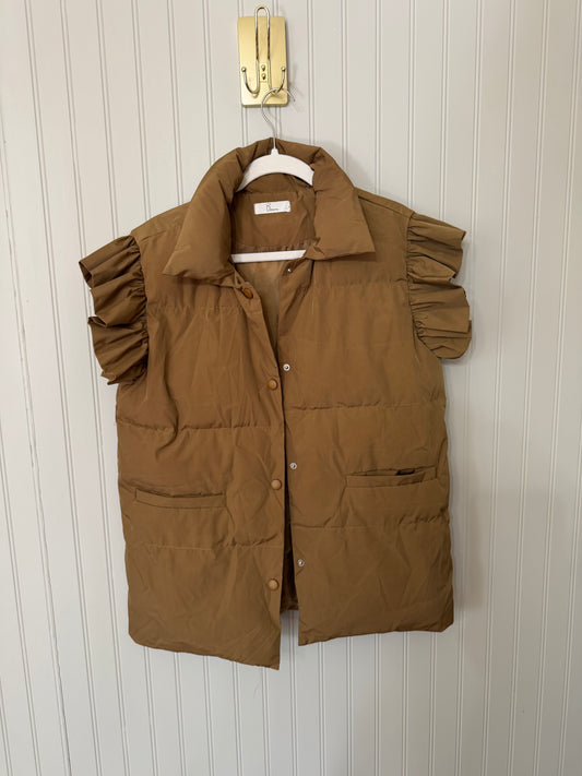 Ruffle Sleeve Puffer Vest Women’s Small Tan
