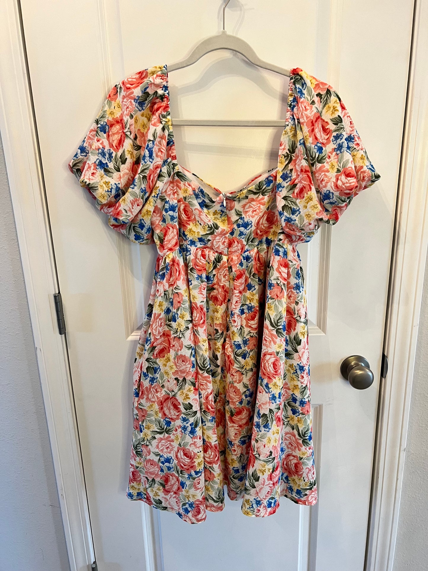 Floral Puff Sleeve Dress Women's Size Large 12-14 Multi Color