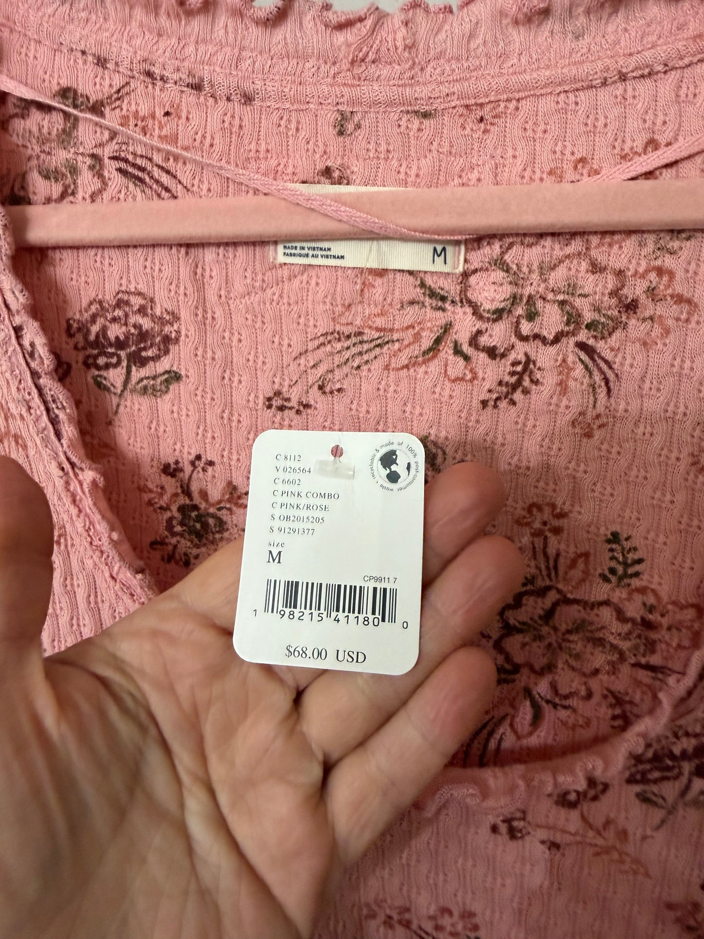 Free People Clover Printed Thermal Top Women’s Medium Pink NWT