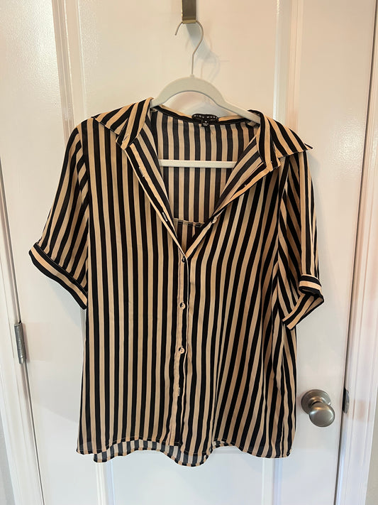 Miou Muse Stripe Button Front Short Sleeve Top Women’s Size Medium Tan