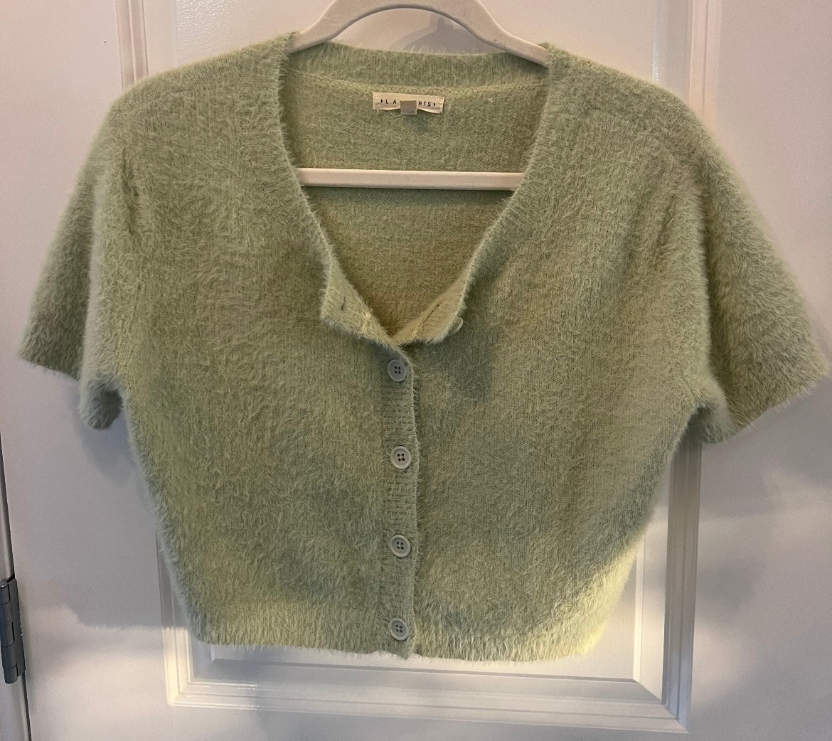 LA Hearts Cropped Fuzzy Cardigan Women’s Size Medium Pastel Green