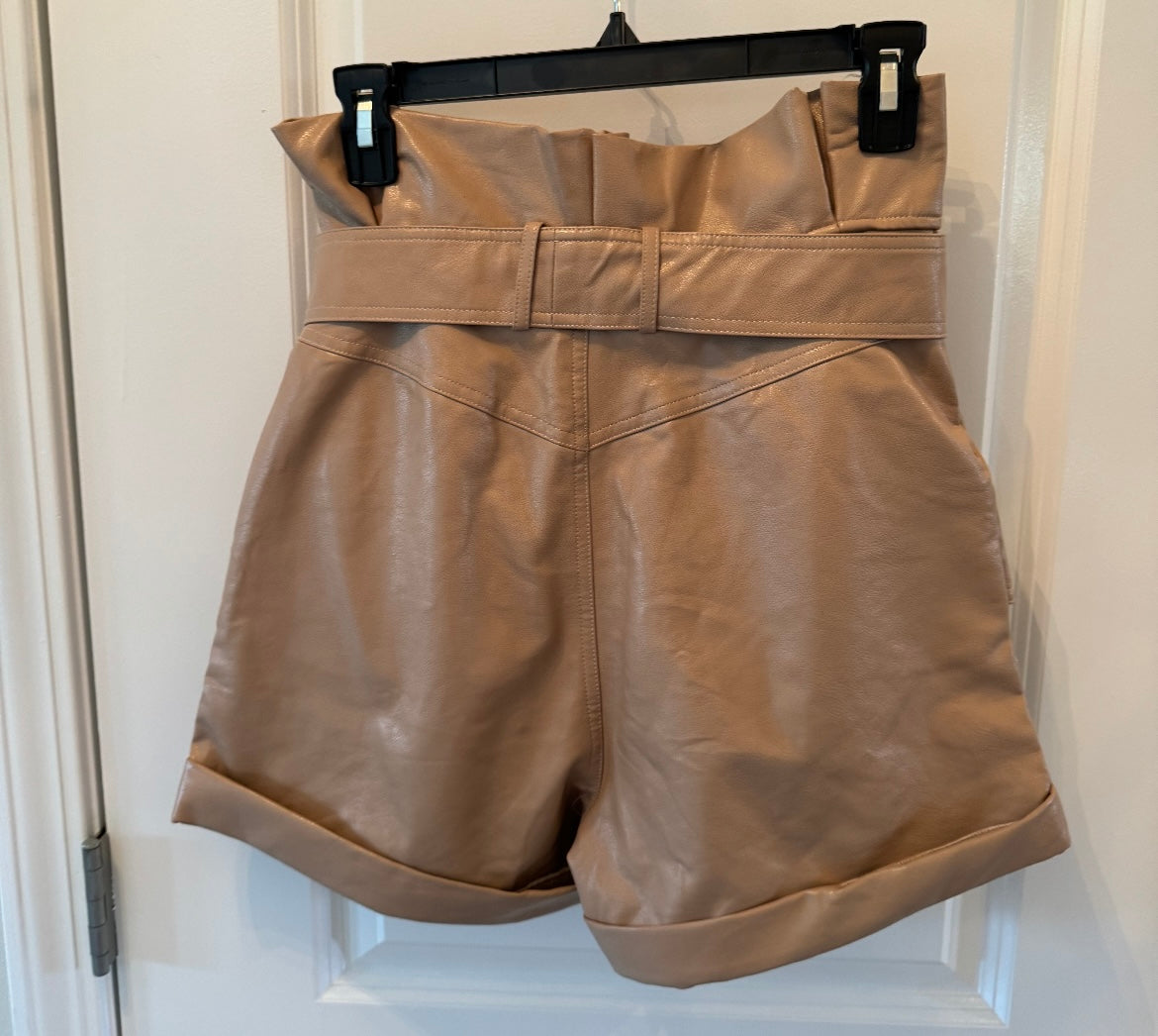 Faux Leather Paperbag Shorts Women’s Size Small Tan