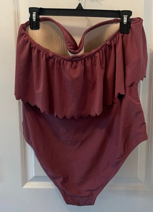 Kona Sol One Piece Ruffle Swimsuit Women's Size XL Burgundy
