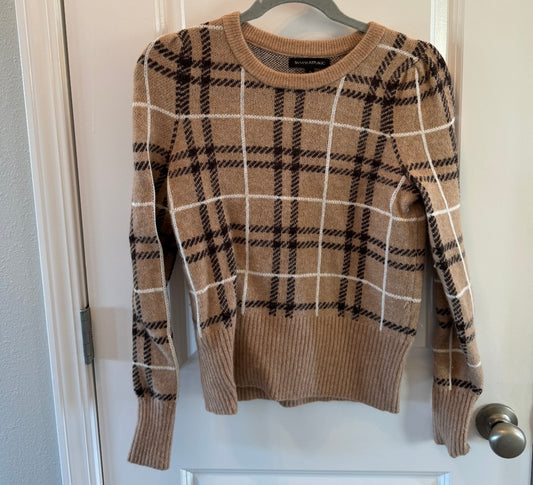 Banana Republic Plaid Aire Puff Sleeve Sweater Cotton Wool Blend Women’s Size Small Tan