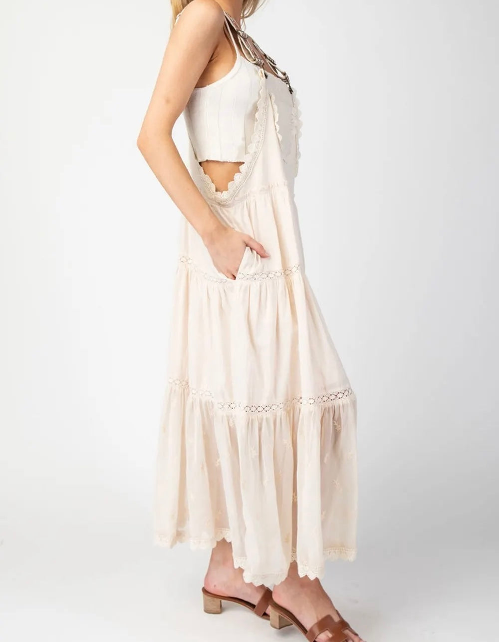 Bohemian Overall Dress w Embroidered Adjustable Straps Women’s Size Small Loose Fit Oatmeal