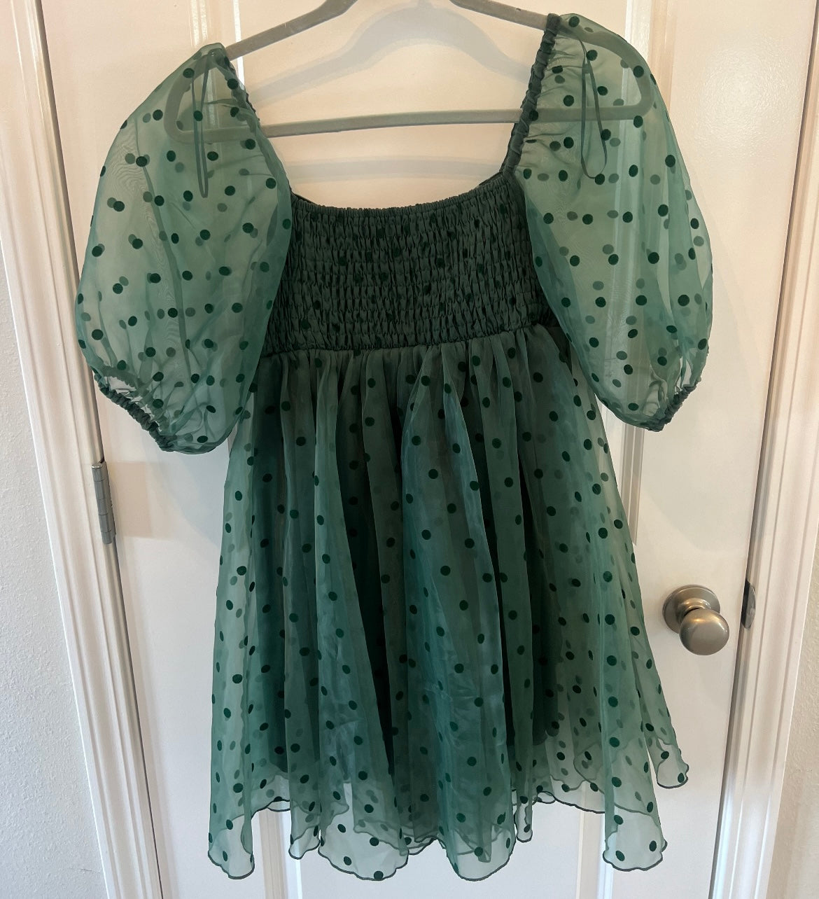 Bohme Polka Dot Layered Tulle Baby Doll Dress w Puff Sleeves Women’s Size Small Emerald