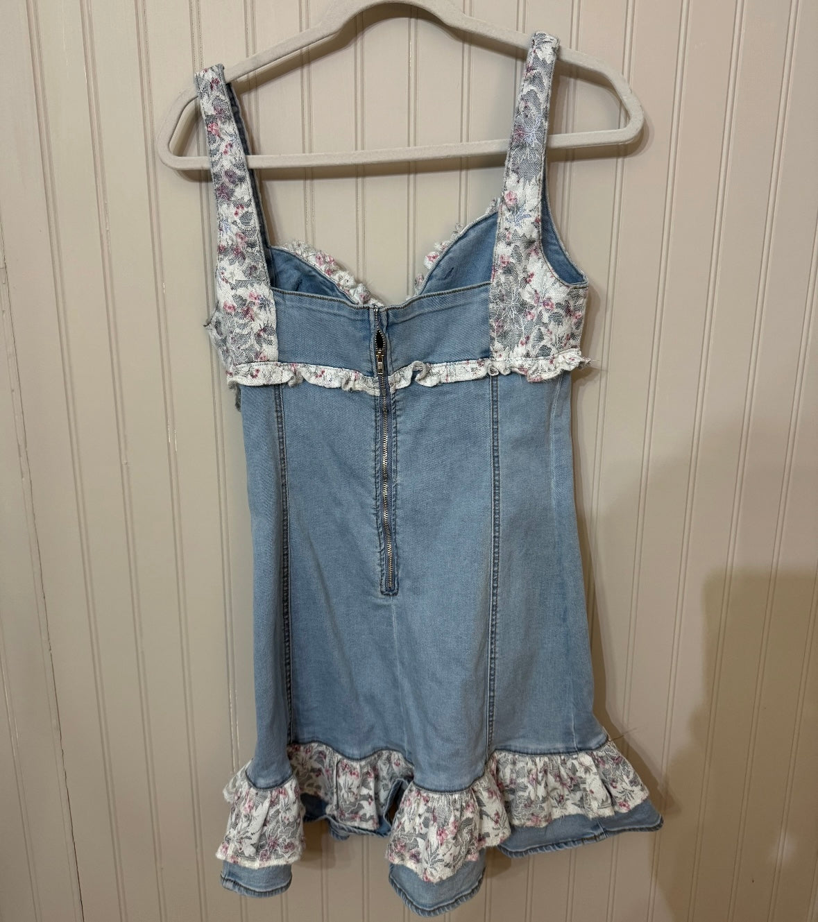 Stretch Denim Lace Ruffle Mini Dress Women’s Large