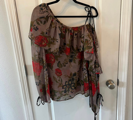 Topshop Floral One Shoulder Ruffle Long Sleeve Top Women’s Size 12 Large Tan