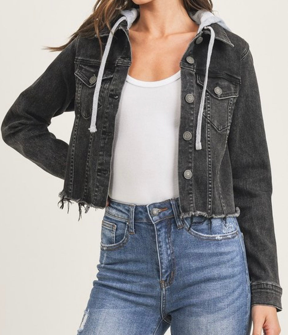 Risen Distressed Vintage Raw Hem Jean Jacket w Detachable Hood Women’s Size Large Black