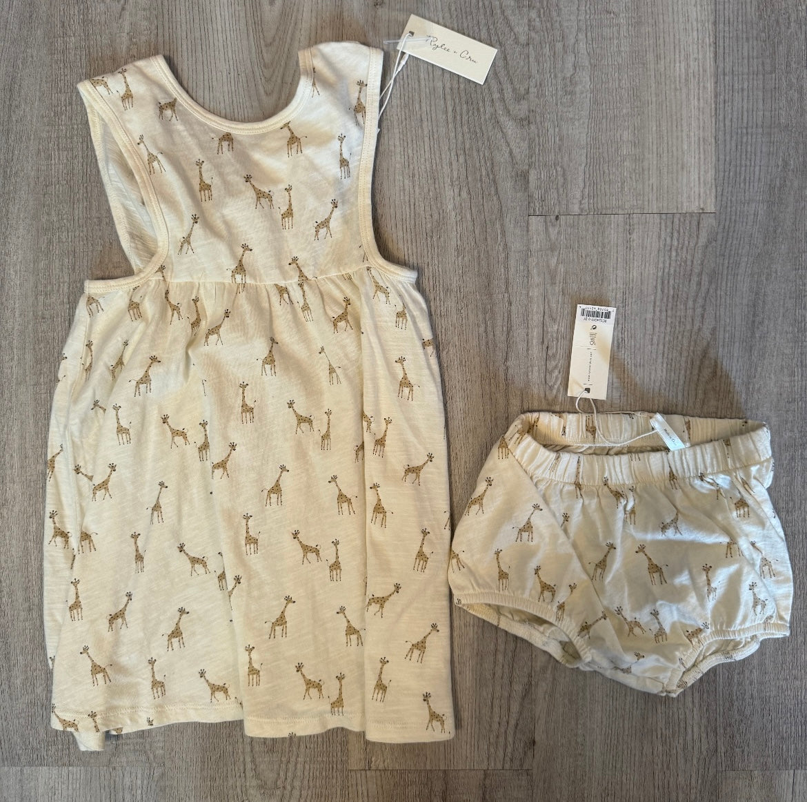 Rylee + Cru Layla Giraffe Toddler Girl Cotton Matching Set Dress Size 4-5 Years Bloomers Size 2-3 Years Ivory