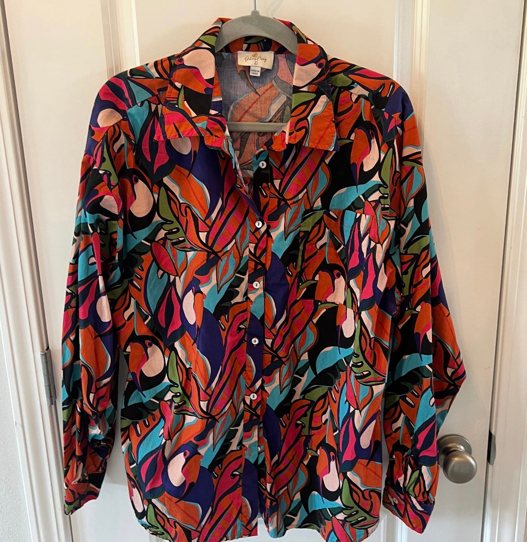 Palms Away Print Button Down Top Women’s Size Large Rust