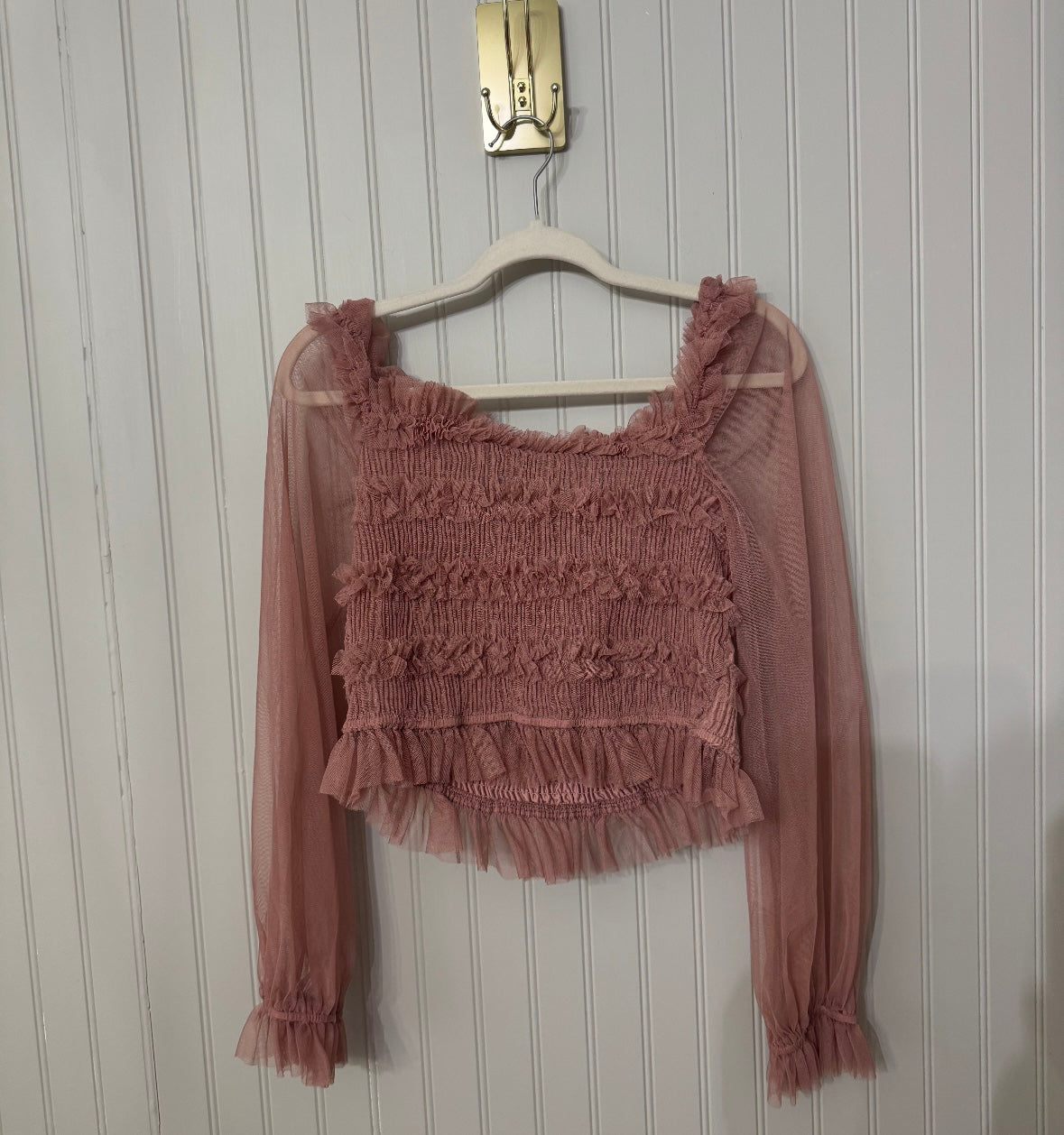 Ruffle Top Sheer Sleeves Women’s Large Mauve