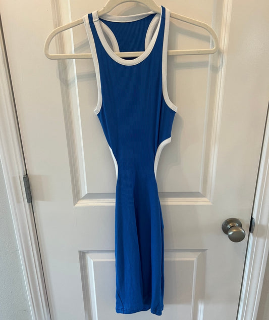 Ribbed Midi Dress w Back Cutout White Piping Women’s Size Small Blue