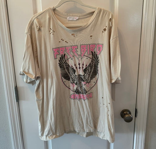 Free Bird Amerika Distressed Short Sleeve Graphic Band Tee Women’s Size 1XL Cream