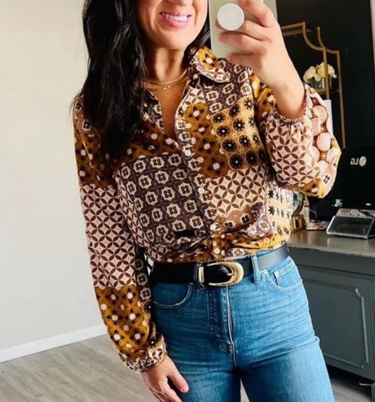 Drew Print Button Front Shirt Women’s Size Small 4-6 Mustard