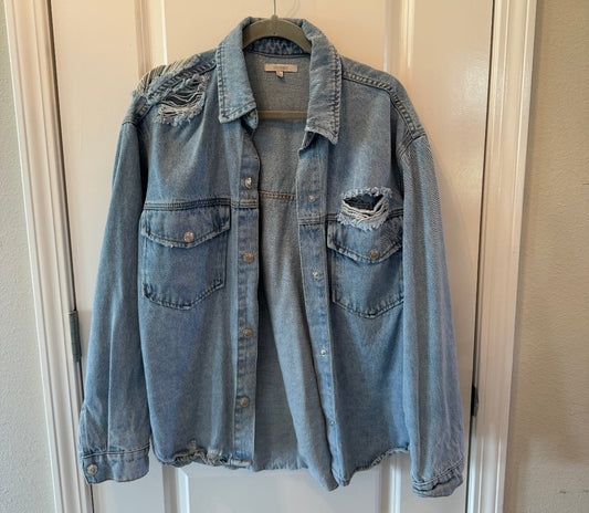 Lightweight Distessed Jean Denim Shacket Women’s Size Large Mid Wash