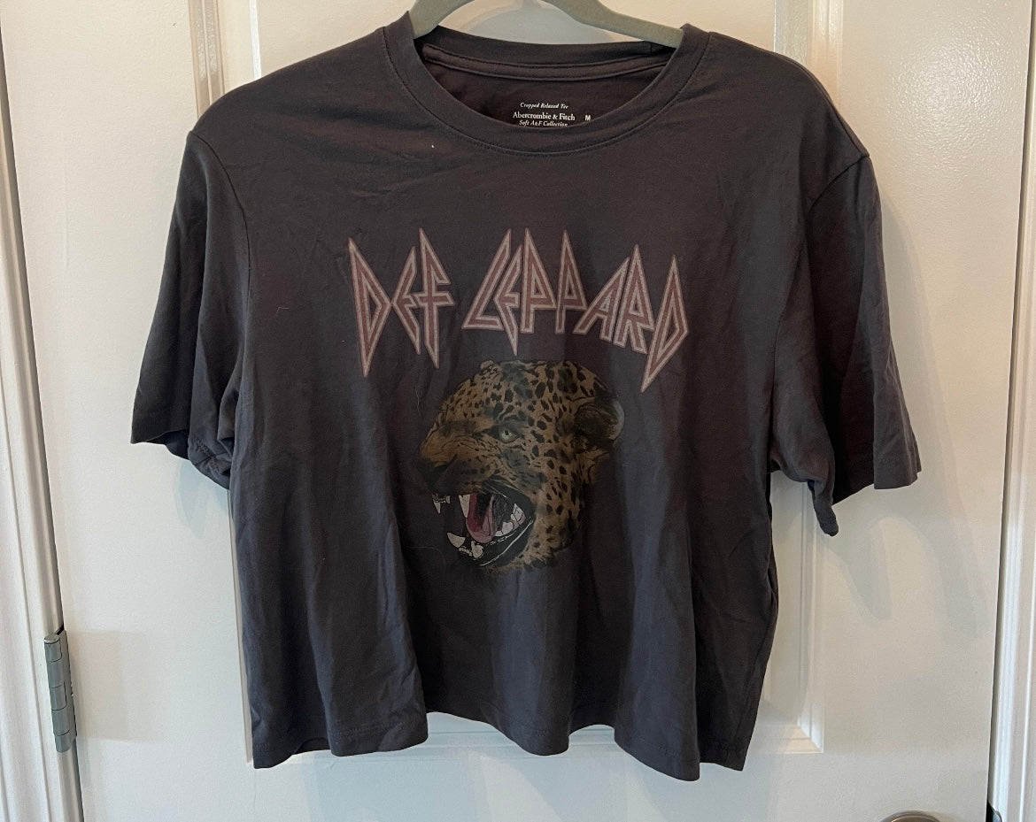 Abercrombie & Fitch Def Leppard Band Tee Short Sleeve Crop Women’s Size Medium Dark Gray