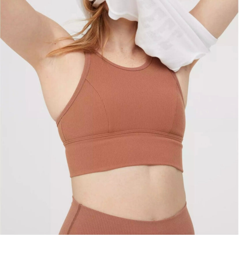 Aerie Offline Ribbed High Neck Sports Bra Women’s Size Small Tan