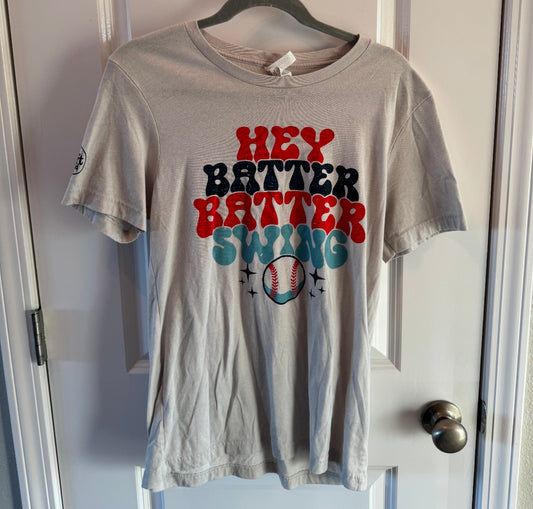 Hey Batter Batter Swing Graphic Tee Women’s Medium Gray