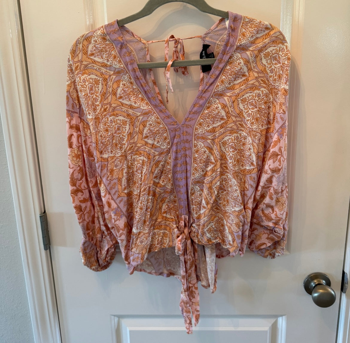 Aakaa Floral Tye Front Top Women’s Size Large Orange Lilac