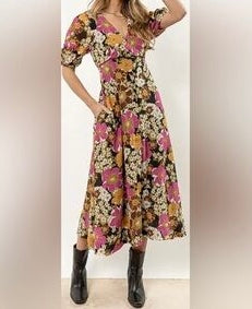 Bohme Floral Deep VNeck Midi Dress Women’s Size Small Black Multi