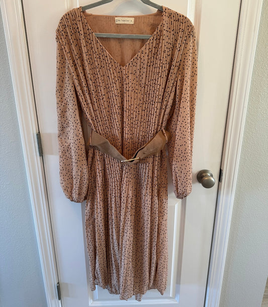 Pleated Belted Midi Dress Spotted Print Women’s Size Medium Mocha