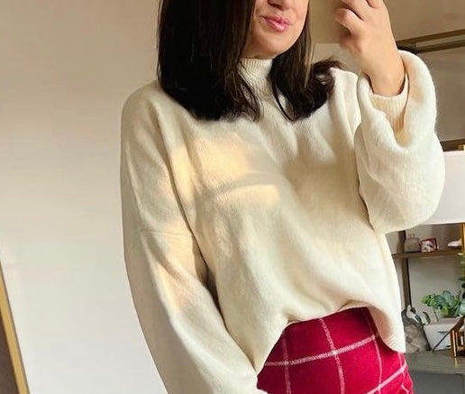 Crescent Mock Neck Balloon Sleeve Sweater Women’s Size Large Cream