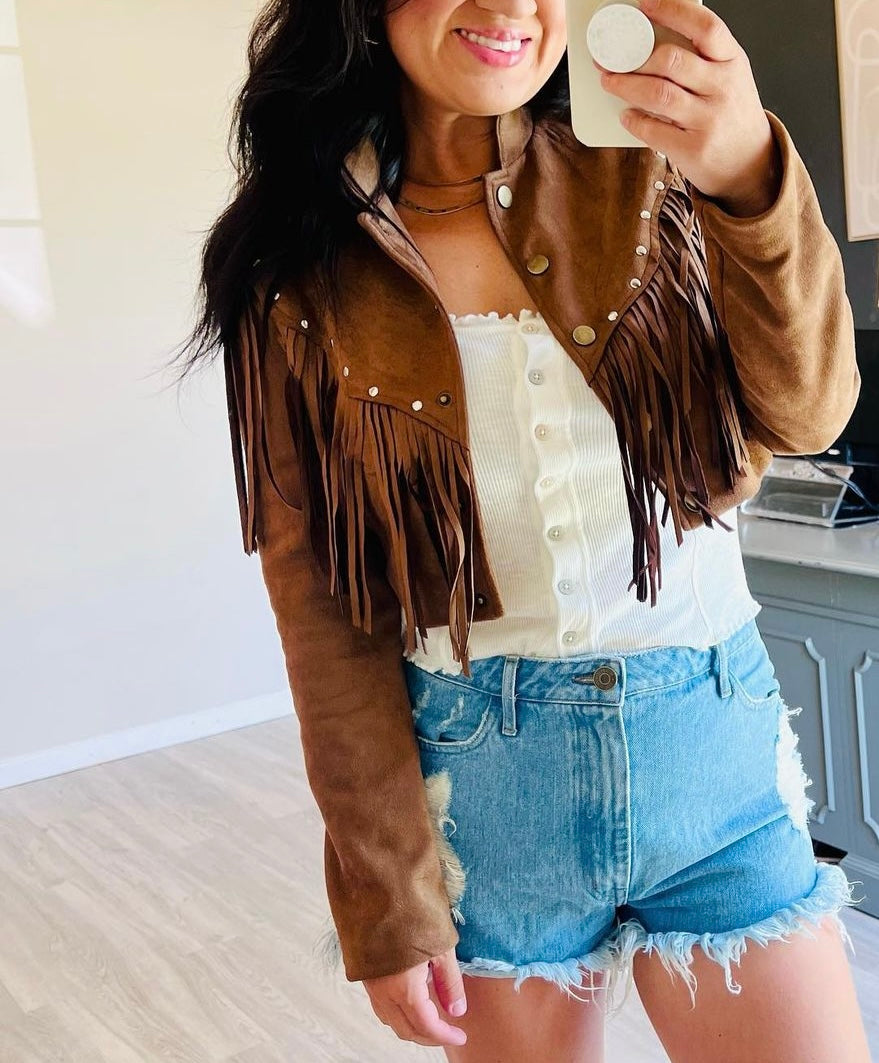 Cropped Fringe Studded Faux Suede Western Jacket Women’s Small