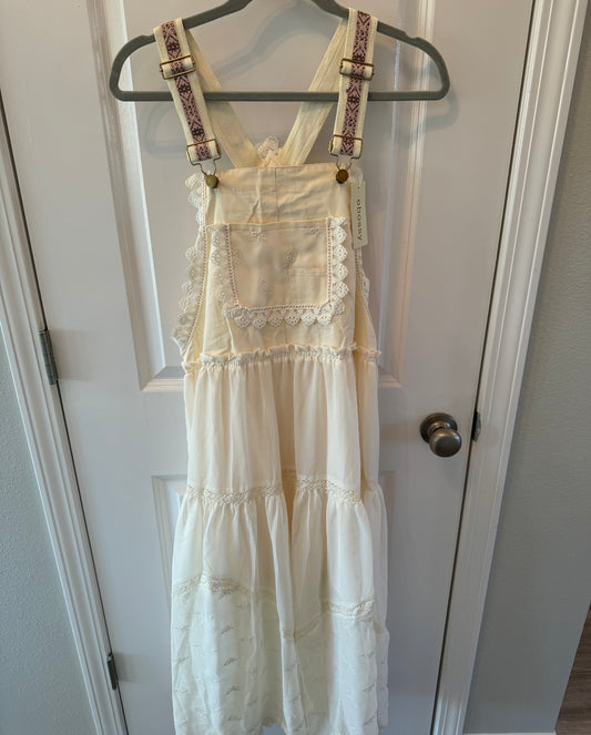 Bohemian Overall Dress w Embroidered Adjustable Straps Women’s Size Small Loose Fit Oatmeal