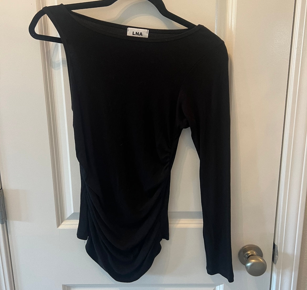 Ribbed One Sleeve Top w Cinched Sides Women’s Size Small Black