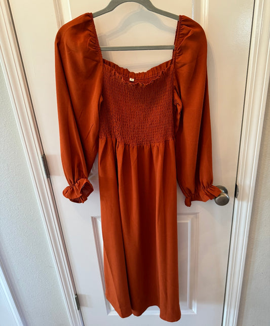 Smock Midi Dress w Puff Sleeves Women’s Size Large Burnt Orange