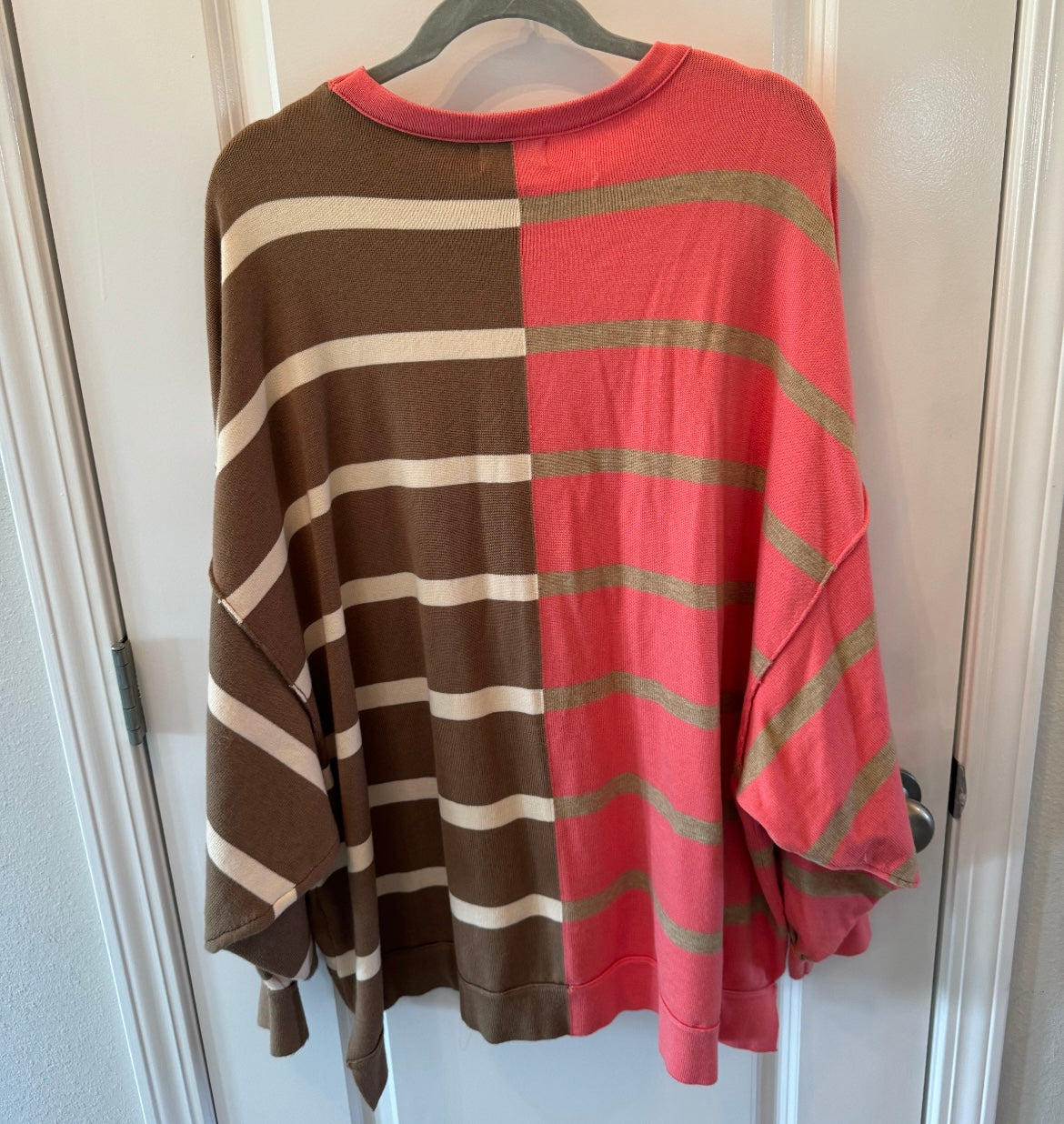 Colorblock Stripe Ribbed Knit Long Sleeve Crewneck Top Women’s Size M/L Pink Brown