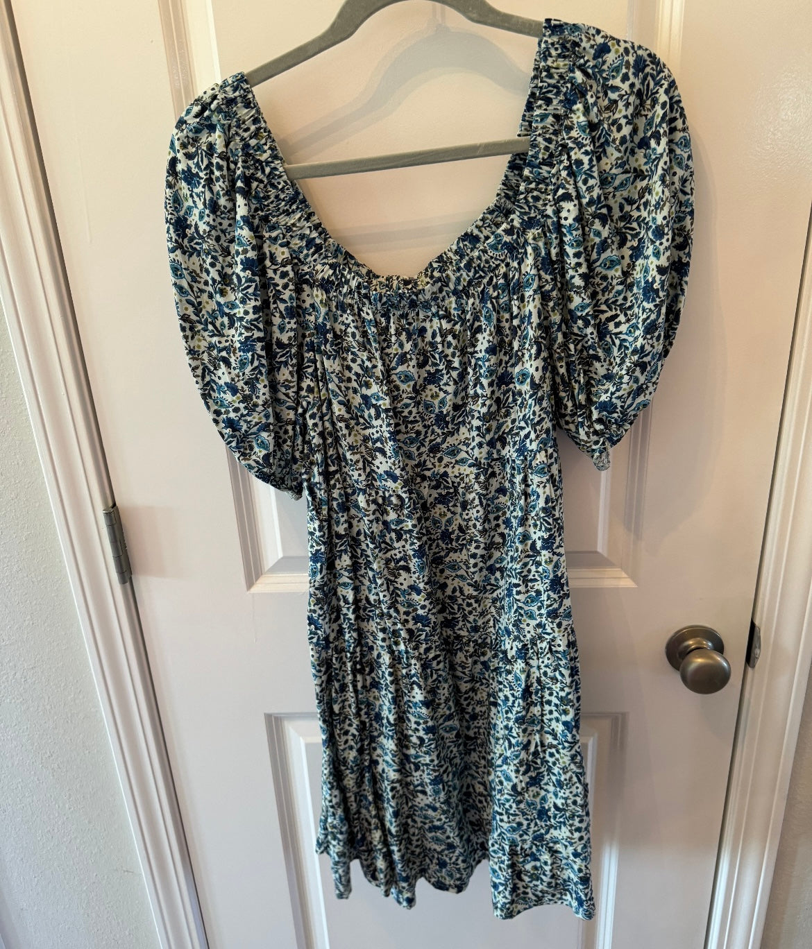 Ditzy Floral Mini Dress w Puff Sleeves Women’s Size Large Blue